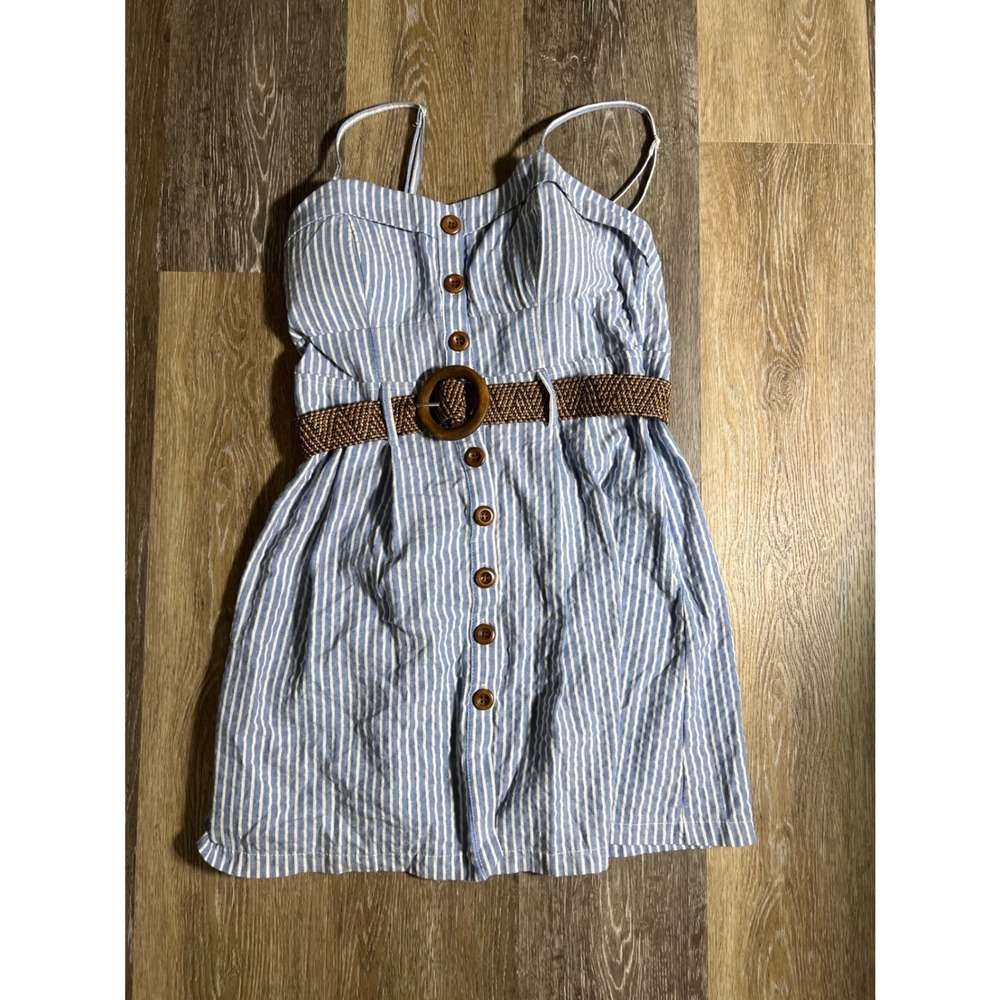 Mind Code Blue White Striped Cotton Mini‎ Dress Button Down Belted Womens Large